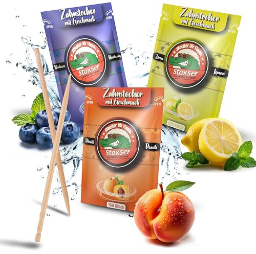 Stoxser 450 palillos de dientes con sabor, paquete de 3 unidades, arándanos y limón/limón y melocotón, revolución del sabor, palillos de dientes, sin goma, soporte para pasta de dientes, hilo dental,