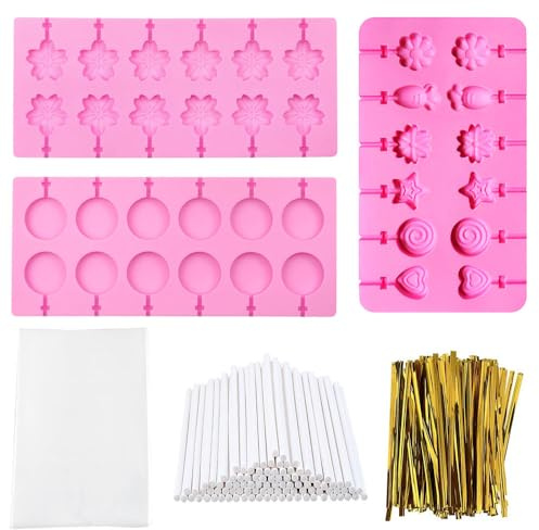 Lot de 3 moules à sucettes en silicone - 12 moules à bonbons rigides - Élastiques roses avec 100 bâtonnets de sucettes - 100 rubans dorés - 100 sacs à bonbons - Moule à barres de chocolat pour bonbons