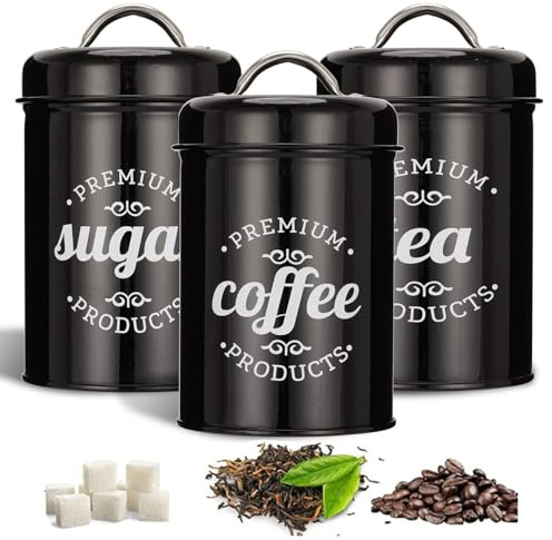 BSTMOME Set of 3 Airtight Kitchen Canister Decorations with Lids, Coffee, Tea, Sugar Metal Containers Galvanised Iron Decorative Nesting Kitchen Canister Jars, Food Storage (Black)