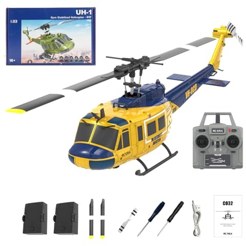 C032 UH-1 Huey Ferngesteuerter Hubschrauber, 1/48 Skala Flybarless Stunts RC Hubschrauber für Erwachsene mit 2 Batterien Optische Strömungspositionierung Geschenk für Militär-Enthusiasten(Yellow)