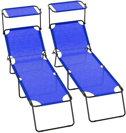 Coppia Di Lettini Mare Pieghevoli Con Tettuccio Regolabile Telaio In Acciaio Schienale Regolabile Telo Traspirante Facili Da Trasportare Ideali Per Spiaggia Giardino Campeggio E Tempo Libero (Blu)