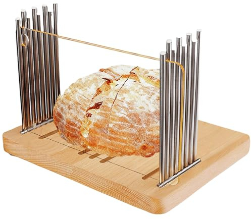 Wooden Bread Slicers for Homemade Bread with Adjustable Width, Stainless Steel Slicing Guide & Beechwood Board, Foldable Bread Cutter for Bread, Cake, Toast, Sourdough Rounds, Bagels