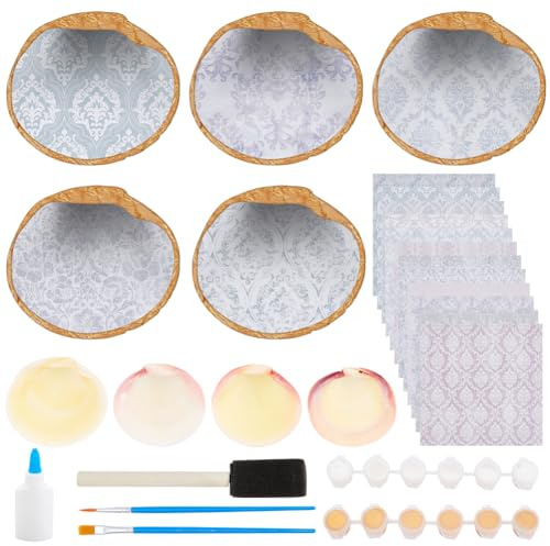 WEBEEDY 5 Sets Oyster Shell Jewelry Dish Kit Ring Holder Tray Trinket Dish with Decoupage Paper Jewelry Organizing Tray Adults Craft kit for Earrings Rings Bracelet Storage Gift for Women Travel