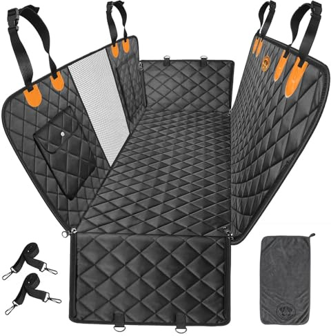 Dog Car Seat Cover 5 IN 1 with Dog Towel, 100% Waterproof Car Hammock, Waterproof Scratch Proof Nonslip Pet Seat Cover with Mesh Window and Storage Pocket, Universal Fit for Cars, SUVs, Trucks