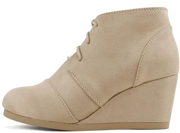 Soda “REX” ~ Women Lace Up Rounded Toe Low Wedge Ankle Bootie (Lt Taupe Imsu, 8)