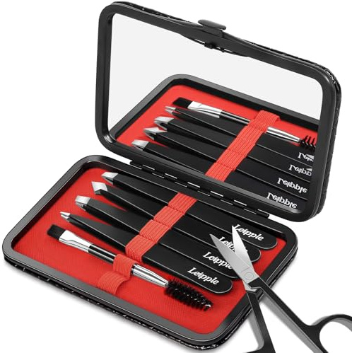 Pinzas profesionales para vello facial, mujeres y hombres, juego de pinzas de precisión de acero inoxidable con estuche de viaje y espejo para rostro, barbilla, cejas, astillas y cabello encarnado (6