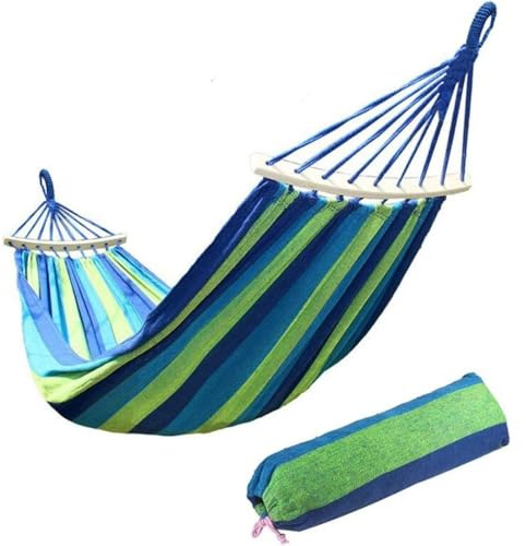 Garden Hammock with Wooden Spreader Bar and Carrying Bag, Portable Canvas Striped Breathable Hammock, Perfect for Outdoor Patio (M - 200cm X 100cm, Blue)