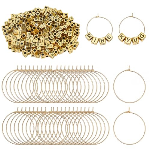 CREATCABIN 50 Set Wine Glass Charms Personalized Wine Markers DIY Identifier Tags 300 Gold Letter Beads 50 Rings for Stem Glasses Drink Charms for Stem Glasses Wedding Party Bridal Shower Decorations