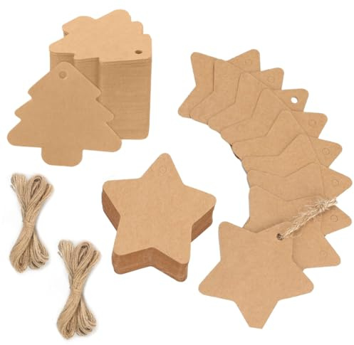 YUVKIN 100 Etiquetas de Regalo de Papel Kraft para Navidad, 50 Árboles de Navidad y 50 Estrellas, con 10m de Cuerda de Yute (Marrón Natural)