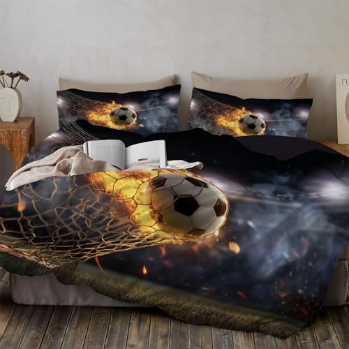 JEDTAKCT Housse De Couette Sports Fantasy 260X240 Adulte Enfant Motif Parure De Lit 1 Person avec Fermeture, Taie d'oreiller, Douce Linge De Lit Microfibre, But De Football 3D Enflammé Noir