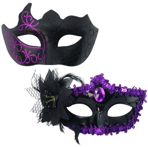 Masquerade Mask Set, 2PCS Venetian Mask for Men Women Masquerade Masks for Couples Party Half Face Carnival Masks Cosplay Costume Masque for Carnival Party,Fancy Dress Ball,Masked Ball(Purple)