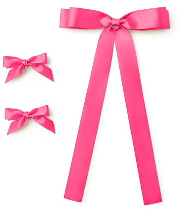 Satin Hair Bow Clips Set of 3, 2 Mini Ribbon Bows and 1 Thick Ribbon Bow with Tails (Hot Pink)