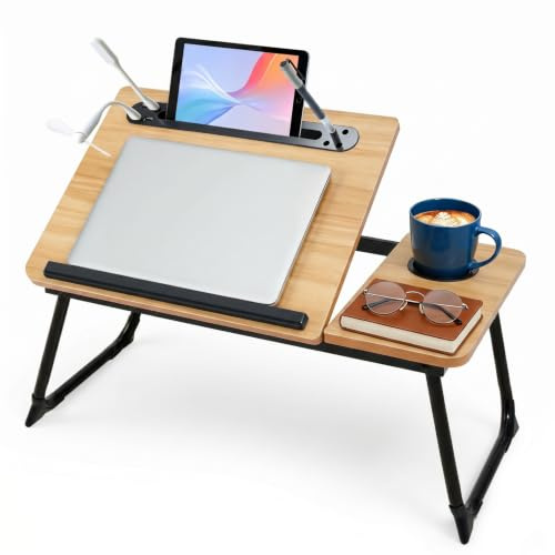 Warmiehomy Laptop Table with USB Ports, Small Fan and Light, Walnut | Adjustable Bed Table with Cup Holder&Tablet Slot&Pen Slots. Laptop Desk with Legs on Bed or Sofa for Working/Reading.