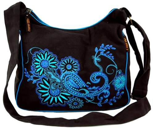 GURU SHOP Schultertasche, Hippie Tasche, Goa Tasche - Schwarz/blau, Unisex - Erwachsene, Baumwolle, 23x28x12 cm