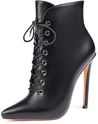 Soireelady Stivaletti con Lacci, Stivaletti Corti con Stampa Animalier, Stivaletto Invernale con Zip Laterale, 12cm Tacco a Spillo Nero Opaco EU46