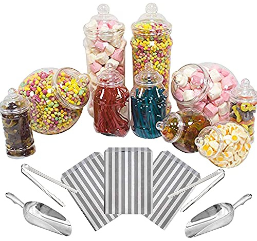 Purple Square 10 Mixed Jar Retro Pick & Mix Victorian Sweet Shop Candy Buffet Kit Party Pack with Scoops, Tongs & Bags - Silver Stripe Bags