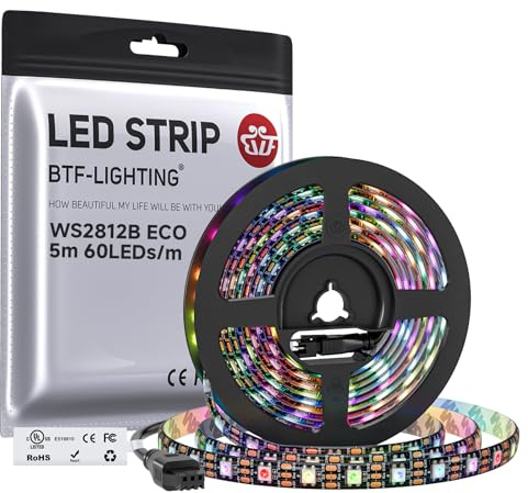 BTF-LIGHTING WS2812 ECO 5M 300 LEDs 5050 SMD Flexibler Streifen Schwarz PCB | RGB Individuell adressierbar WS2812 Legierungsdraht 60Pixels/m DC5V für Heimdekoration IP65 Wasserdicht(Nur Streifen)
