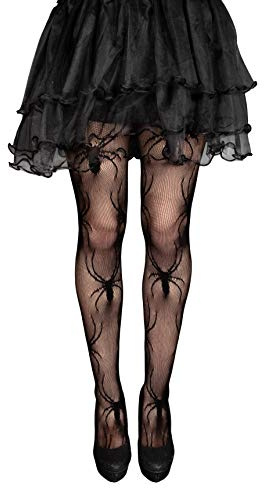 Plitsch Platsch Damen Netz Strumpfhose Spinnennetz Netzstrümpfe mit Totenkopf, Spinne, Knochen, Fledermaus Muster Halloween Fasching Gothic Party Kostüm (Spinnen)