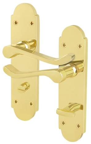 EAI Polished Brass Door Handles Bathroom, 1 Pair - Victorian Scroll | 1 Pair of Victorian Scroll Lever on Backplate Internal Door Handles for Bathroom, Fixings Included