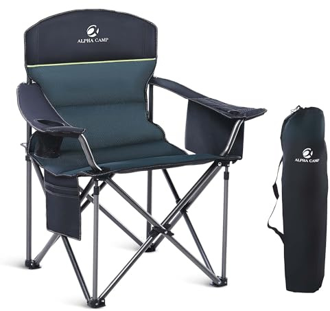 ALPHA CAMP Camping Chairs for Adults Camping Chairs for Heavy People, Green | Up to 200 kg, Folding Camping Chair with Cup Holder & Cooler Bag & Side Pocket, Padded and Foldable