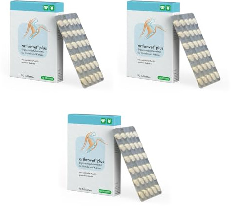 cp-pharma arthrovet plus | 3er Pack | 3 x 90 Tabletten | Ergänzungsfuttermittel für Hunde und Katzen | Für die physiologische Funktion der Gelenke und den Knochenaufbau | cp pharma | Ergänzungsfuttermittel | Zur Unterstützung der normalen Gelenk- & Knorpelfunktion | Grünlippmuschel | 3er Pack