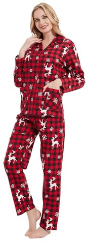 GLOBAL Femme Pyjama Flanelle Manches Long |Ensembles de Pyjama Coton |Chemises de Nuit Bouton | Chaleureux Vêtements de Nuit Confortable |Plaid Rouge de Noël XXL