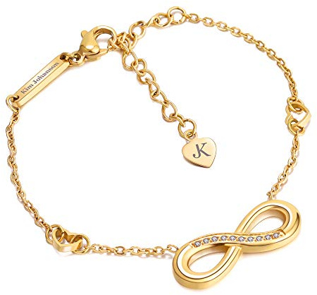 Kim Johanson Edelstahl Damen Fußkettchen *Infinity* in Gold | Fußkette mit einem Unendlichkeit Zeichen | Rostfrei & Wasserfest | Herz Fußband | Frauen Boho Schmuck | Verstellbar inkl. Schmuckbeutel
