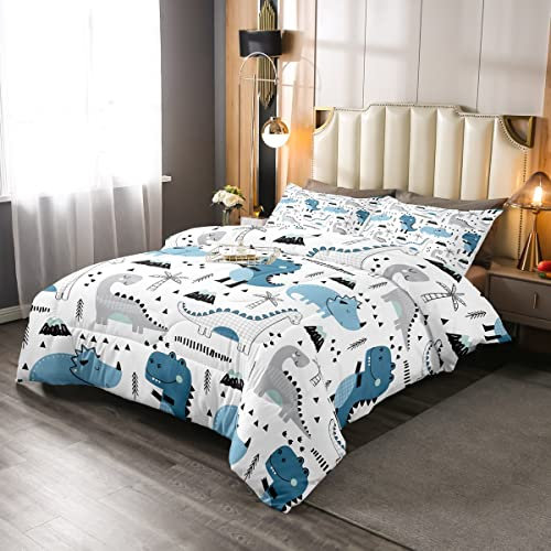 Niedliches Dinosaurier BettwäSche 135 x 200 Für Kinder Jungen MäDchen Teenager Cartoon Wildtier Dino TröSter Set Geometrie Streifen Gitter Bettbezug Kawii Raumdekor Schwarz Blau Weiß 1 Kissenbezug