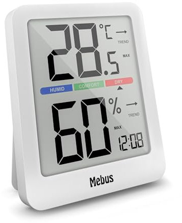 MEBUS digitale Klimastation mit Innen-Thermometer und -Hygrometer, Uhr, Komfortindikator, Beleuchtung, Trendanzeige, Farbe: Weiß, Modell: 40928