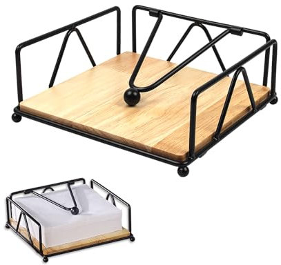 Porssaut Dispenser quadrato per tovaglioli, portatovaglioli in metallo per portatovaglioli da tavolo, supporto piatto diversificato con braccio ponderato, base in legno