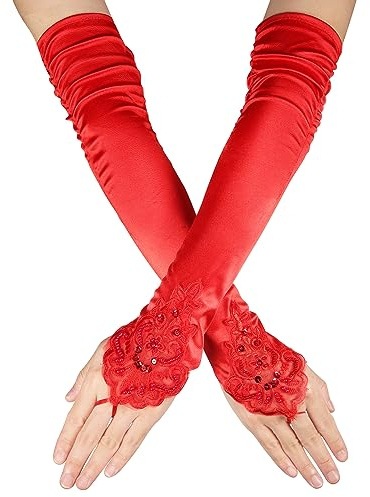 Long Lace Gloves, Soft Fingerless Lace Gloves 1920s Opera Gloves Elbow Length Gloves Women's Sexy Gloves Long Satin Gloves for Bridal Wedding Women Tea Party Masquerade(Red)