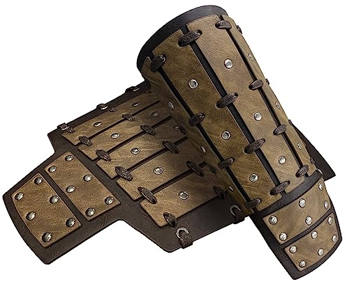 HiiFeuer Medeltida armbågar i konstläder med nitar, Vintage armskydd för mercenärer, Handskar för riddare och bågskyttar för Ren Faire (Brun A)