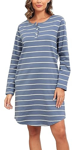 Lovasy Camicia da Notte Donna in Cotone Invernale Scollo Rotondo | con Maniche Lunghe Vestito Pigiama Lungo Bottoni Davanti Morbida e Confortevole Sottoveste con Tasche