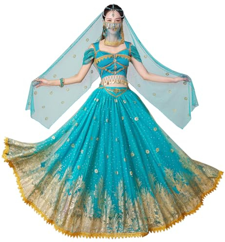 ELLYDOOR Costume de princesse Jasmine pour femme - Déguisement Aladdin pour Halloween, cosplay, danse du ventre, Bleu jasmin, Medium