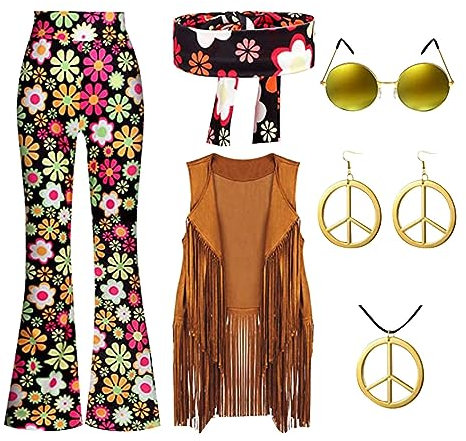 Hippie-Kostüm Damen Set mit Fransenweste Schlaghose Damen 70er Hippie Accessoires Kleidung Karneval Kostüm 70er Jahre Bekleidung Disco Outfit Faschingskostüm Mädchen