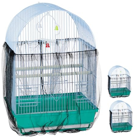 Relaxdays Vogelkäfig-Abdeckung, 3er Set, Verstellbarer Kordelzug bis 2 m Umfang, Vogelkäfig Netz, Samenfänger, schwarz