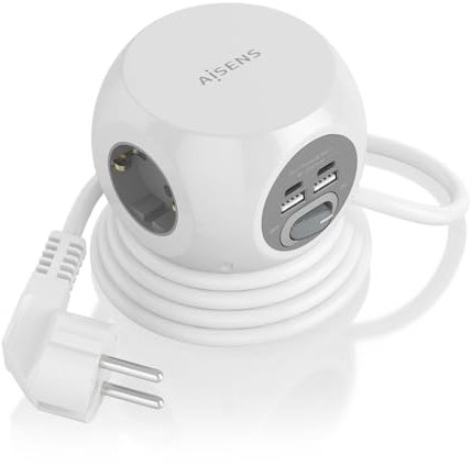 AISENS Regleta de Enchufes Sobremesa Multifuncion con 3 Tomas 2xUSB C 2xUSB A 1 4M Blanco