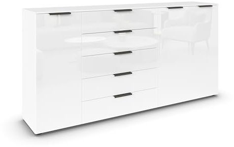 Rauch Möbel Flipp, Kommode, Farbe Glas Weiß, Breite 199 cm | Sideboard, 3-türig, 5 Schubladen, Glasfront, Soft-Close-Funktion, für Schlafzimmer, Gästezimmer, Wohnzimmer, Garderobe, Flur