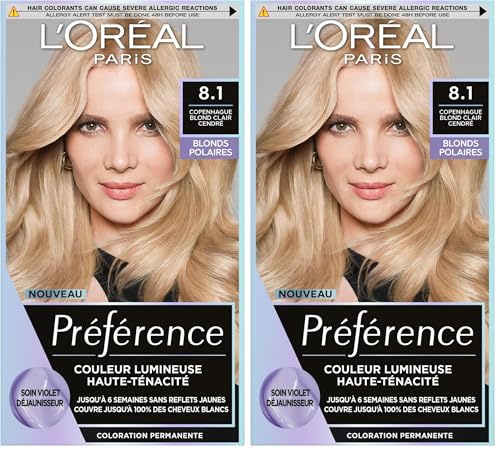 L’ORÉAL PARIS - Coloration Cheveux Permanente - Longue Durée & Lumineuse - Sans Reflets Jaunes - Couvre 100% des Cheveux Blancs - Préférence - Nuance : Copenhague 8.1, Blond clair cendré