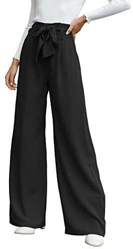 Cicy Bell Damen Weite Bein, Stoffhose Damen Hohe Taille Palazzo Hose, Leicht, Lockere Freizeithosen, Hose Krawatte Knoten Taschen-Elegant Casual Weite Hose,Hosen-Schwarz, L