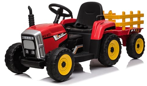 Trattore per bambini, 12 V, veicolo elettrico per bambini, con rimorchio, con telecomando/7 fari a LED/2 + 1 velocità variabile/lettore MP3/interfaccia USB, adatto per bambini da 3 a 6 anni, rosso