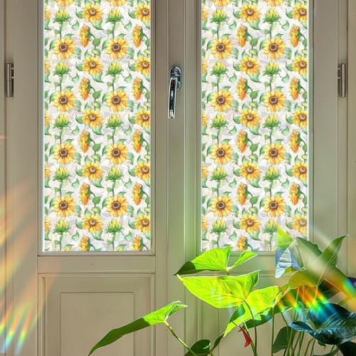 Milchglasfolie Sonnenblume Grün Fensterfolie Schlafzimmer Fenster Sichtschutzfolie Milchglasfolie Selbstklebend Fenster Klebefolie Fenster Sichtschutz Folie für Fenster Fensterfolie Bad 50x100cmx3