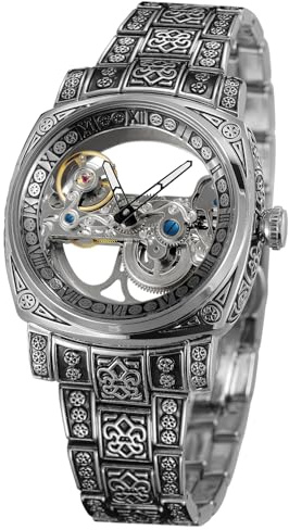 FORSINING Montre squelette pour homme Chiffre romain automatique Tourbillon Bracelet en acier inoxydable, Argenté, Classique