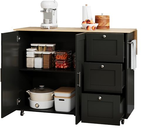 DRIXNO Mobiler Küchentisch, Arbeitsplatte aus Eichenholz, Klappbares Design, Multifunktionaler Schrank, 3 Schubladen, Handtuchhalter, Schwarz Geeignet für Küche, Esszimmer, Haus
