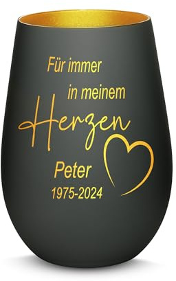 Gravur-Max Trauerlicht Windlicht mit Gravur Für Immer in Meinem Herzen mit Wunschname & Datum Gedenklicht für Trauernde mit Einer hochwertigen Lasergravur in der Farbe Schwarz/Gold