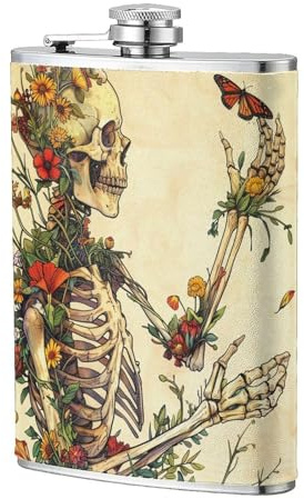 Vintage Flower Skeleton Flask 8oz for Men Women,Psychedelic Cute Hip Flask Stainless Steel Portable Pocket Whiskey Flask Leak Proof for Outdoor Climbing Camping Bar Party Drinker