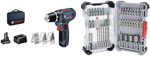 Bosch Professional 12V System GSR 12V-15 cordless drill driver (39-piece accessory set) + 35x Extra Hard Schrauberbit‑ und CYL-3 Bohrer-Set, 35‑TLG. (197 x 110,5 mm, Zubehör)