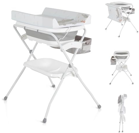 Cangaroo Babywanne Wickeltisch Como 2 in 1 faltbar, Wickelauflage, Zubehörfach grau