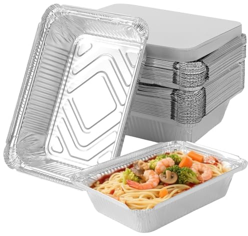 PUCSIQ 40 Vaschette Alluminio con Coperchio, 1100 ml, Contenitori per Alimenti Monouso per Forno, Cottura e Grigliare, 21,5 x 16 x 5 cm