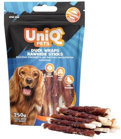 UNIQ Pets Kauknochen Hund 250 g Ente auf Rinderhaut Kaustangen Entenbrust Streifen kaurollen für Hunde getreidefreier Hundesnack hundeleckerli kausticks für Hunde